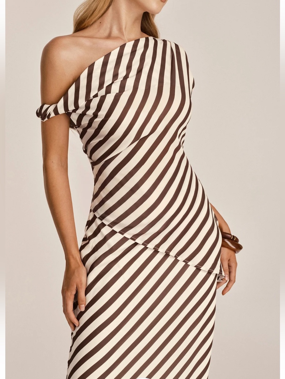 Commense Asymmetrical One-Shoulder Striped Maxi Skirt Set- Brown & Cream - Picture 7 of 7